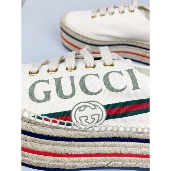 NIB Gucci Women's Platform Espadrilles with logo In White Size 38.5 - Picture 6 of 11